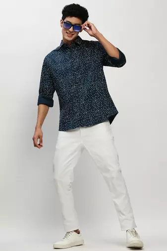 men's long sleeves micro ditsy teal shirt