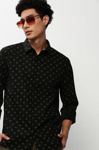 men's long sleeves micro ditsy black shirt