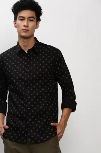 men's long sleeves micro ditsy black shirt