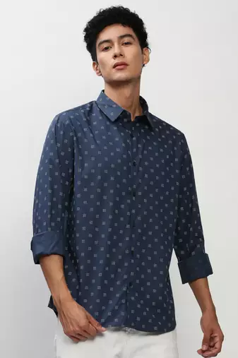 men's long sleeves micro ditsy navy blue shirt