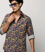 men's long sleeves geometric navy blue shirt