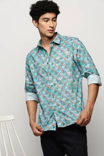 men's long sleeves ethnic motifs turquoise blue shirt