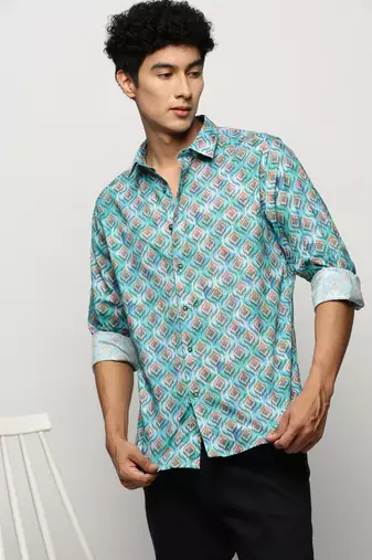 men's long sleeves ethnic motifs turquoise blue shirt