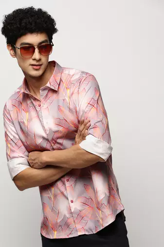 Showoff men's long sleeves floral grey shirt