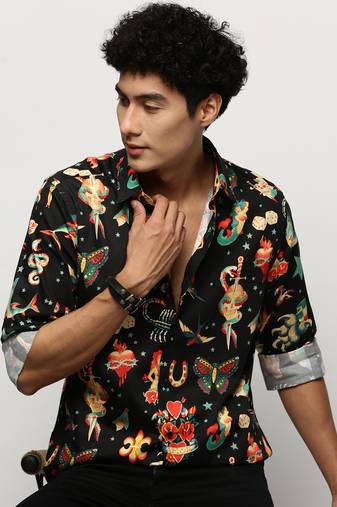 men's long sleeves conversational black shirt