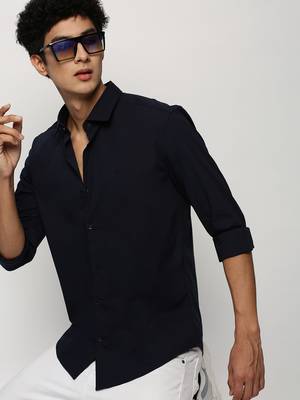 Showoff men's long sleeves solid navy blue shirt 1