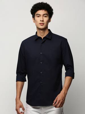 Showoff men's long sleeves solid navy blue shirt 2