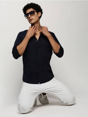 Showoff men's long sleeves solid navy blue shirt 5