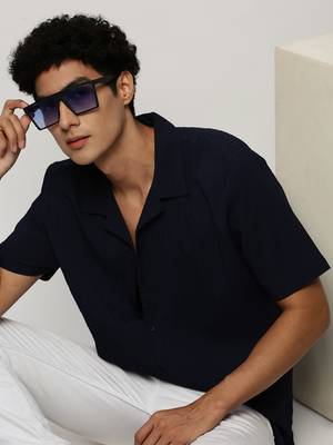 Showoff men's short sleeves vertical stripes navy blue shirt 1