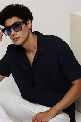 Showoff men's short sleeves vertical stripes navy blue shirt