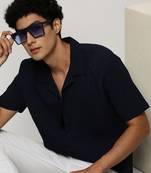 Showoff men's short sleeves vertical stripes navy blue shirt