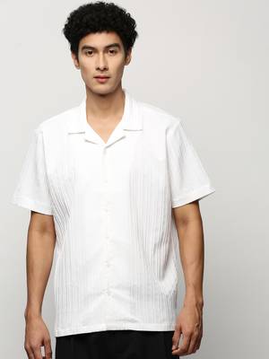 men's short sleeves vertical stripes white shirt 2