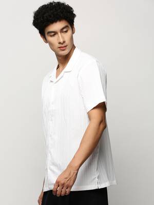 men's short sleeves vertical stripes white shirt 3