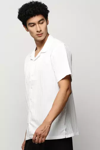 men's short sleeves vertical stripes white shirt