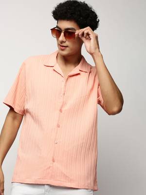 men's short sleeves vertical stripes peach shirt 1