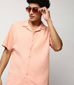 men's short sleeves vertical stripes peach shirt