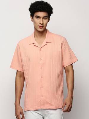 men's short sleeves vertical stripes peach shirt 2