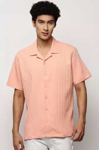 men's short sleeves vertical stripes peach shirt