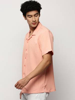men's short sleeves vertical stripes peach shirt 3