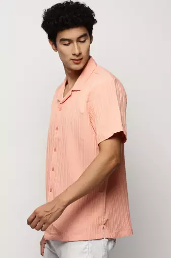 men's short sleeves vertical stripes peach shirt