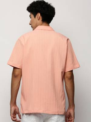 men's short sleeves vertical stripes peach shirt 4