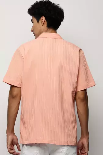 men's short sleeves vertical stripes peach shirt