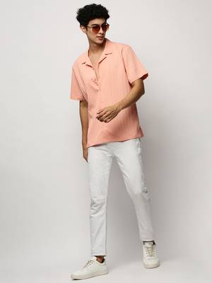 men's short sleeves vertical stripes peach shirt 5