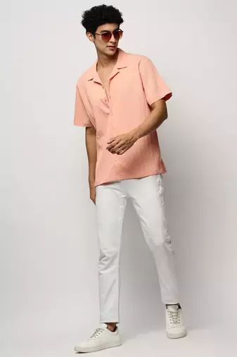 men's short sleeves vertical stripes peach shirt