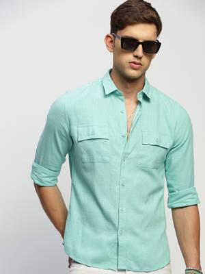 men's long sleeves solid sea green shirt 1