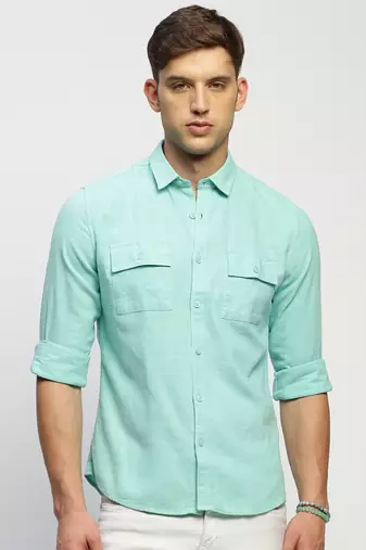 men's long sleeves solid sea green shirt