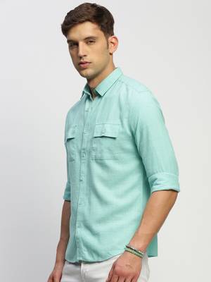 men's long sleeves solid sea green shirt 3