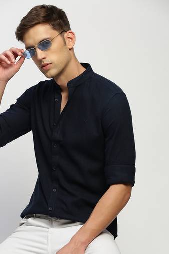 men's long sleeves solid navy blue shirt