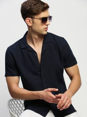 men's short sleeves solid navy blue shirt 1