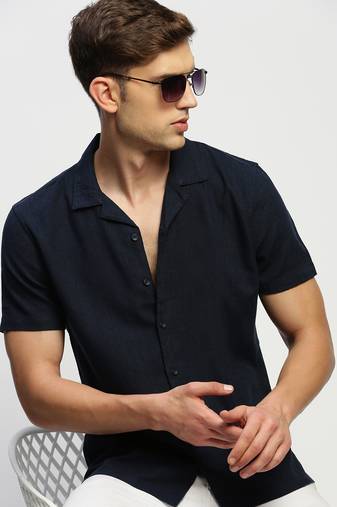 men's short sleeves solid navy blue shirt