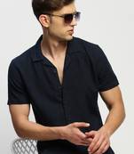 men's short sleeves solid navy blue shirt