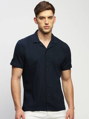 men's short sleeves solid navy blue shirt 2
