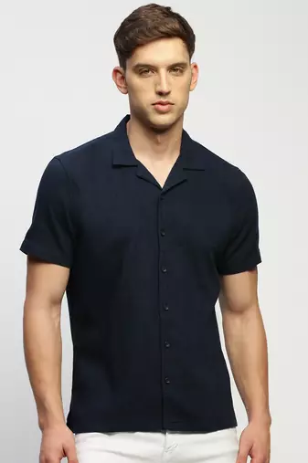 men's short sleeves solid navy blue shirt