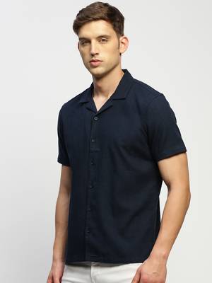men's short sleeves solid navy blue shirt 3