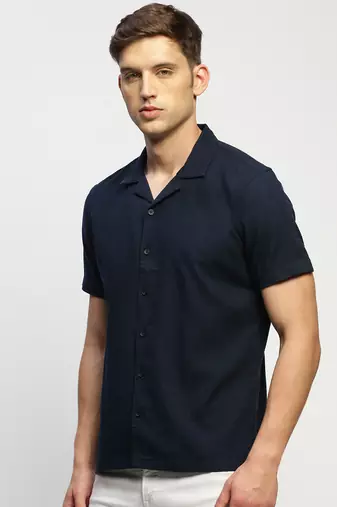 men's short sleeves solid navy blue shirt