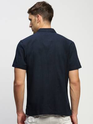 men's short sleeves solid navy blue shirt 4