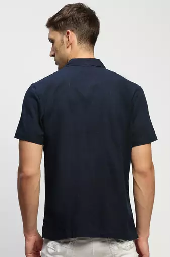 men's short sleeves solid navy blue shirt
