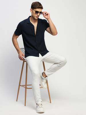 men's short sleeves solid navy blue shirt 5