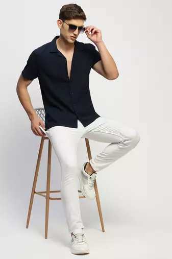 men's short sleeves solid navy blue shirt