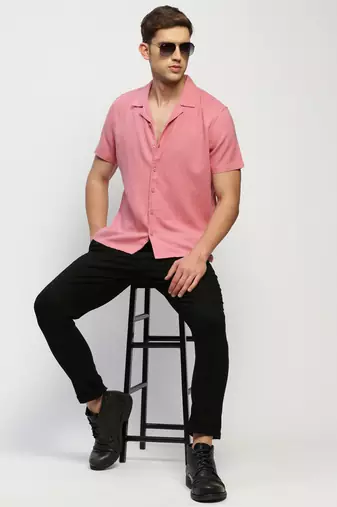 men's short sleeves solid rose shirt