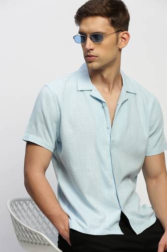 men's short sleeves solid blue shirt