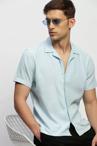 men's short sleeves solid blue shirt