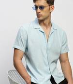 men's short sleeves solid blue shirt
