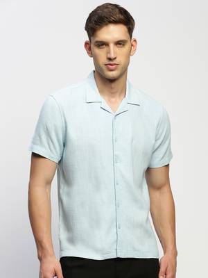 men's short sleeves solid blue shirt 2