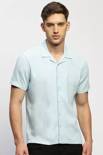 men's short sleeves solid blue shirt