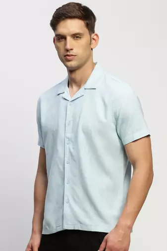 men's short sleeves solid blue shirt
